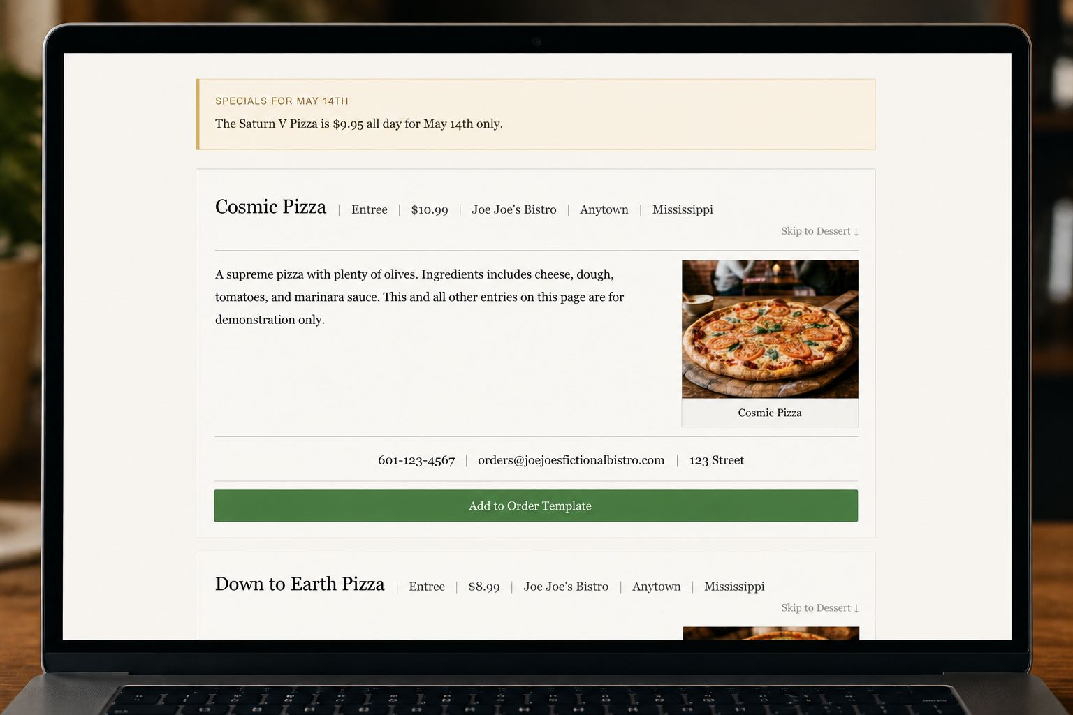 Menu Escape Order Creator interface for placing restaurant orders
